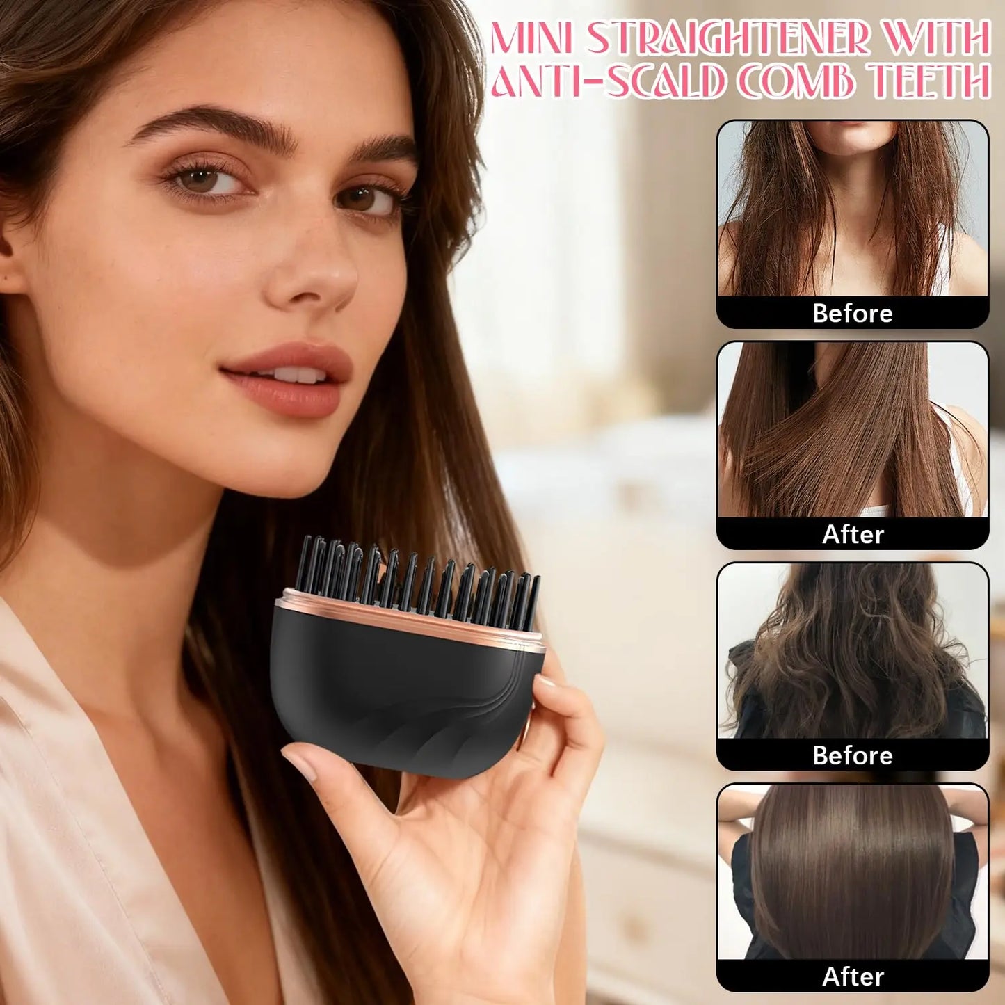 2025 New Mini Straightener Rechargeable Portable Hair Straightener Brush Anti-Scald Shell Cordless USB Charging Straighteners